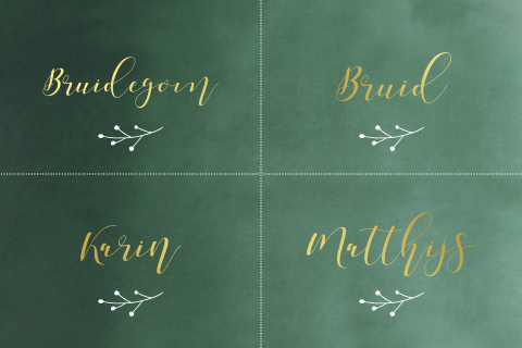 Naamkaartjes donkergroen watercolor goudfolie trouwhuisstijl