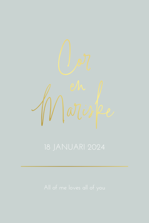 Trouwkaart mintgroen met sierlijke goudfolie letters