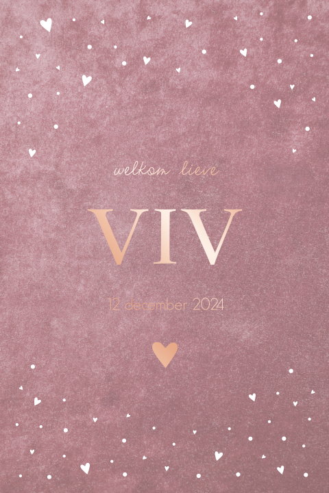 Geboortekaartje meisje velvet look achtergrond rosefolie hartjes