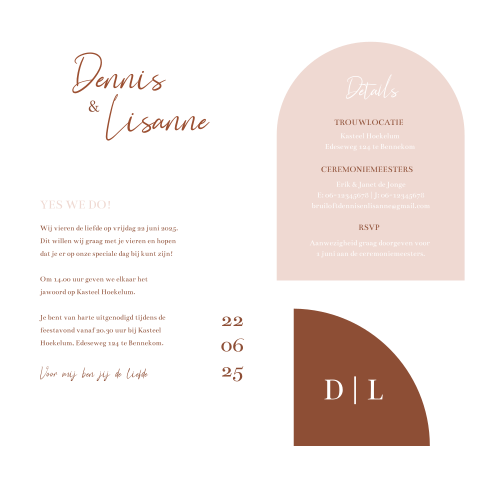 Trouwkaart labelkaart pakketje modern boogvorm in roze en roest