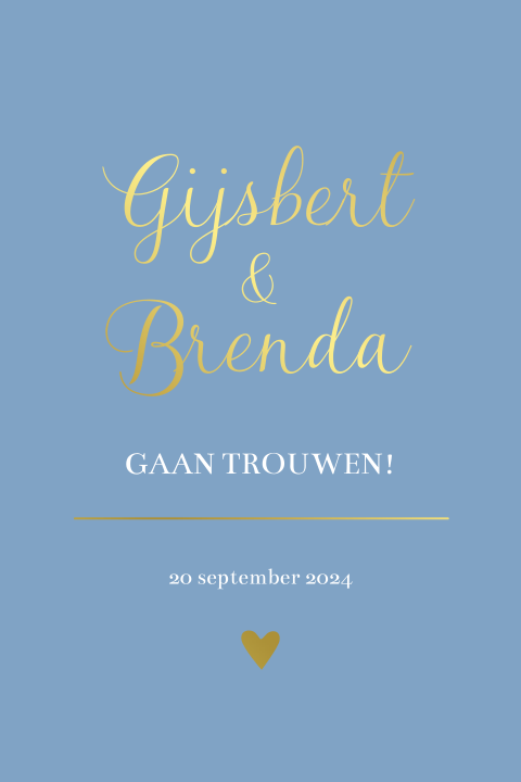Trouwkaart korenblauw met goudfolie letters