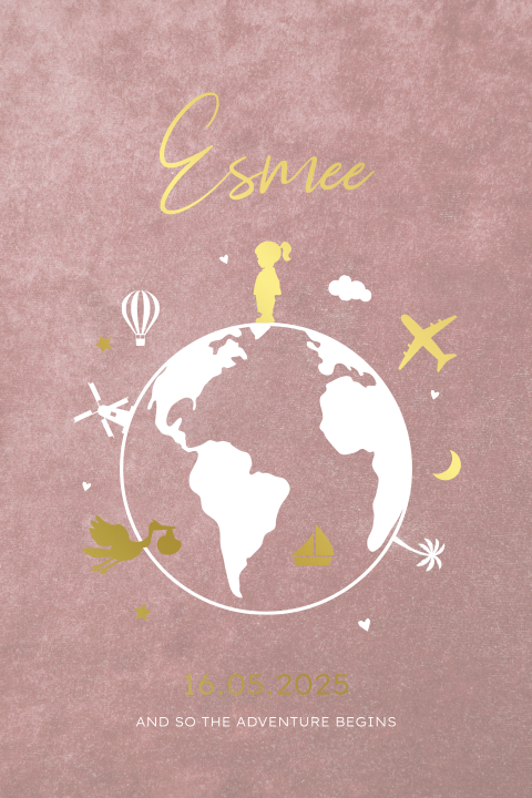 Geboortekaartje meisje paspoort velvet roze, wereldbol & goudfolie