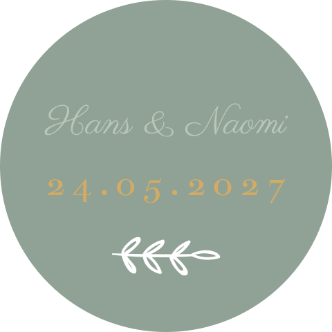 Sluitsticker trouwkaart Hans & Naomi groen namen datum takje