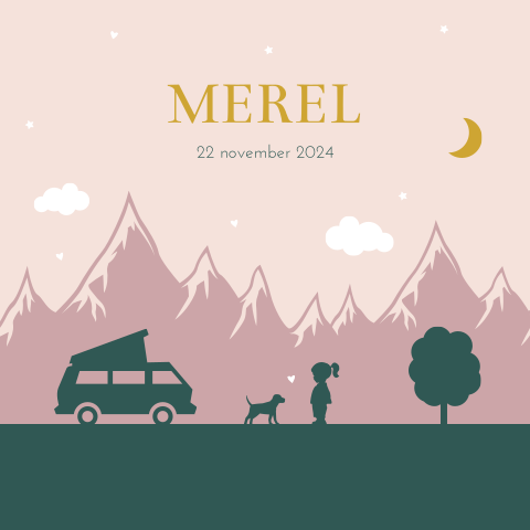 Geboortekaartje meisje, roze met bergen, camper en sterren