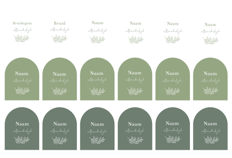 Naamkaartjes bruiloft boogvorm bloemen groen