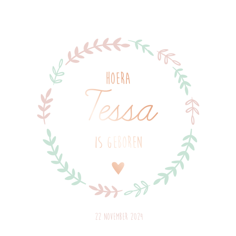 Geboortekaartje meisje krans takjes roze mintgroen rosefolie