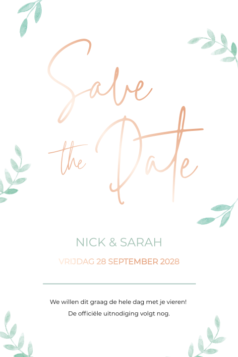 Save the date kaart takjes rosefolie mintgroen botanisch