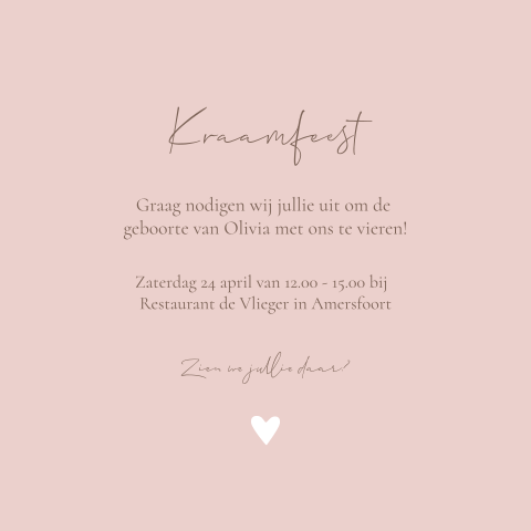 Kraamfeest uitnodiging Olivia roze klassiek hartje