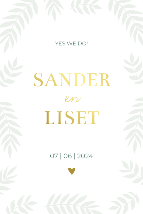 Trouwkaart botanisch wit met lichtgroene takjes en goudfolie