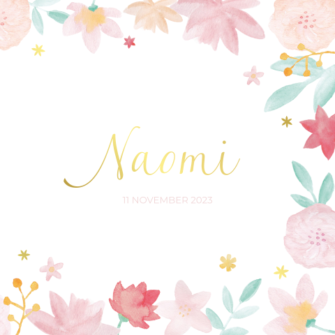 Geboortekaartje meisje, watercolor bloemen en goudfolie