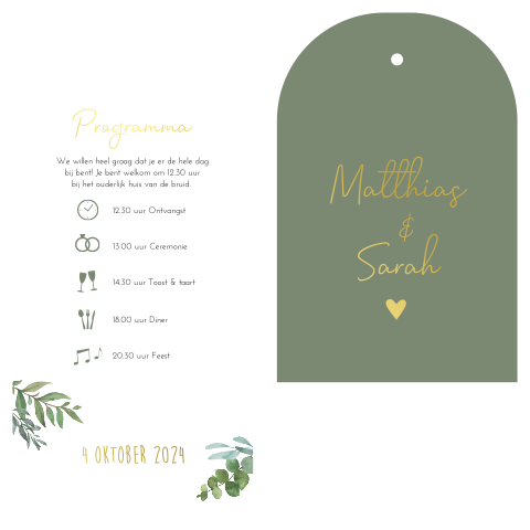 Trouwkaart labelkaart boogvorm groen botanisch goudfolie