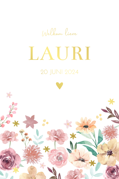 Geboortekaartje meisje met oudroze bloemen en goudfolie