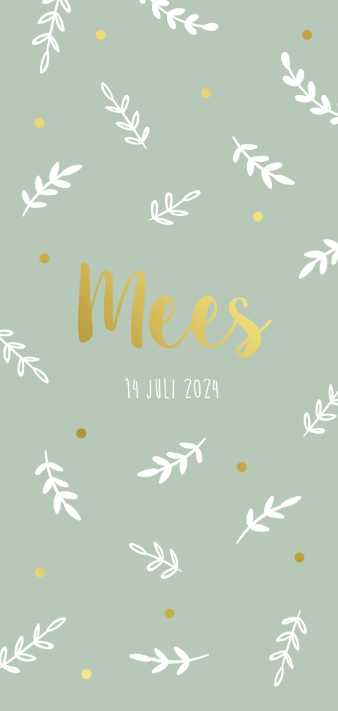 Geboortekaartje botanisch groen takjes goudfolie stipjes jongen