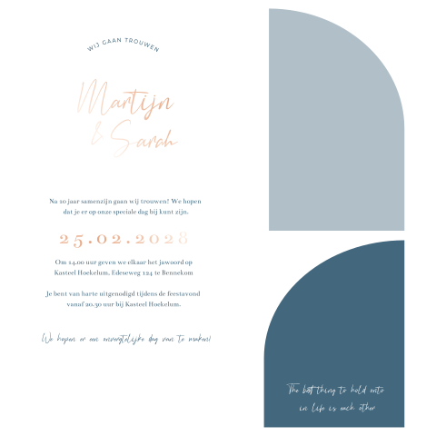 Trouwkaart labelkaart boogvorm blauw rosefolie