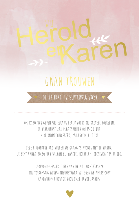 Trouwkaart watercolor lichtroze met goudfolie