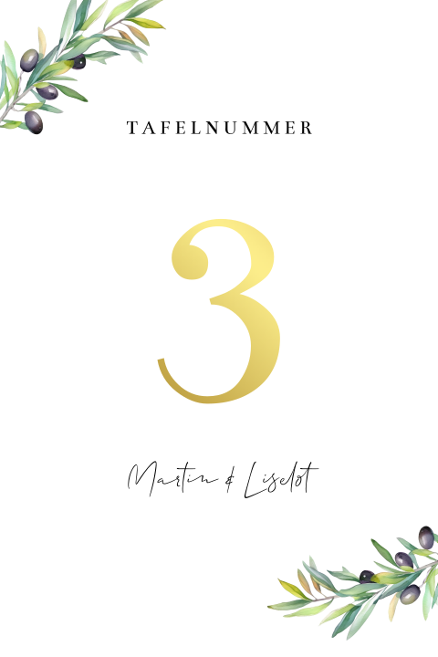 Tafelnummer kaart bruiloft olijftakjes