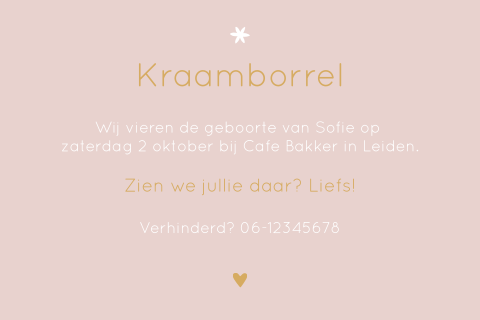 Kraamfeest uitnodiging kraamborrel Sofie lichtroze