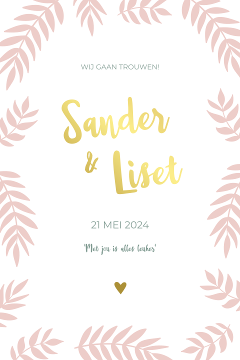 Trouwkaart botanisch met takjes en goudfolie
