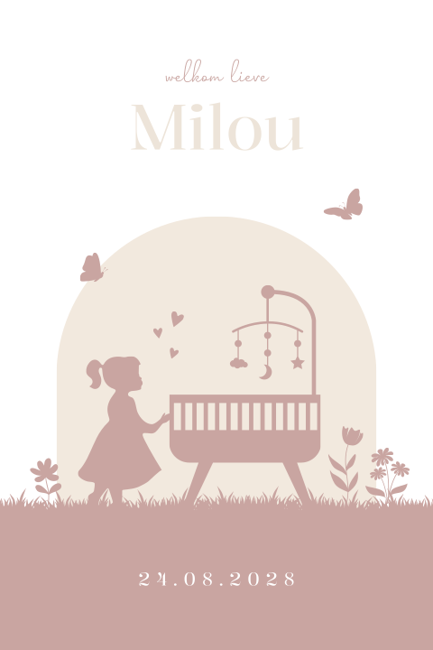 Geboortekaartje meisje silhouet wiegje bloemen