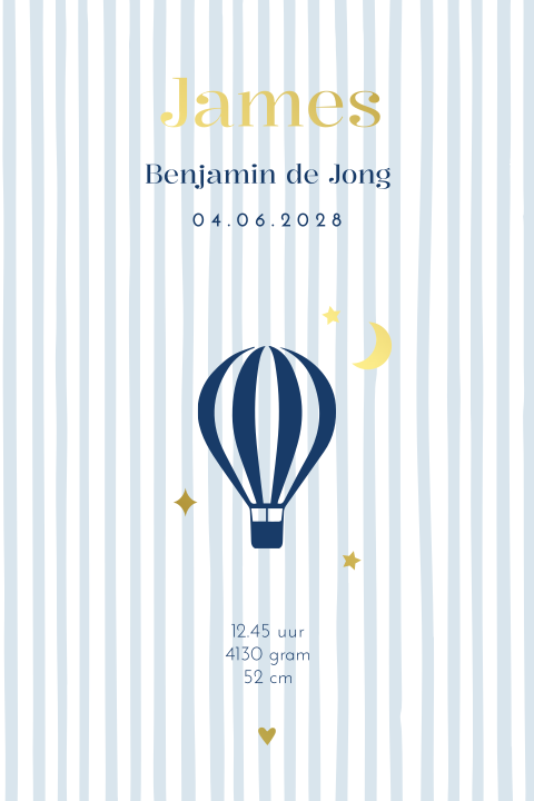 Geboorteposter jongen streepjes luchtballon - James