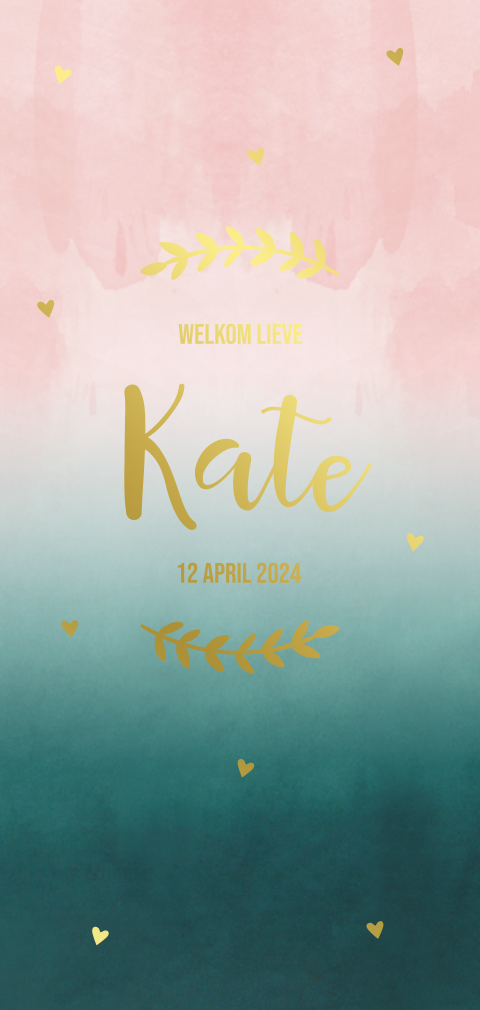 Geboortekaart meisje donkergroen roze watercolor & goudfolie