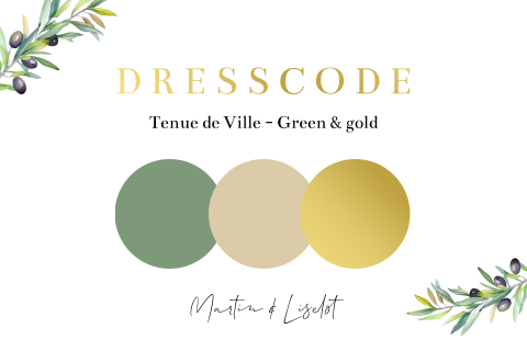 Dresscode kaartje bruiloft kleurenschema goud olijf