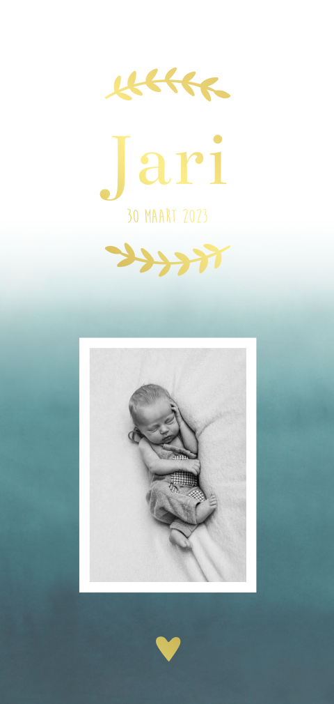 Geboortekaartje jongen watercolor petrol met foto en goudfolie