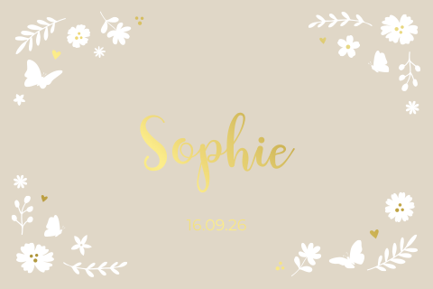 Geboortekaartje meisje met bloemen, vlinders en goudfolie