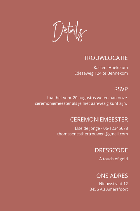 Pocketfold trouwkaart inlegkaart terra roze modern