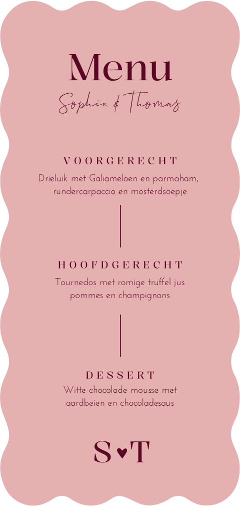 Menukaart bruiloft golfvorm Bold Romance roze