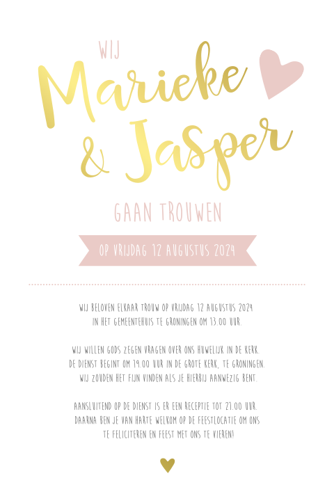 Trouwkaart modern met lichtroze letters en goudfolie