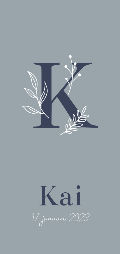 Geboortekaartje jongen grijsblauw met letter en takjes