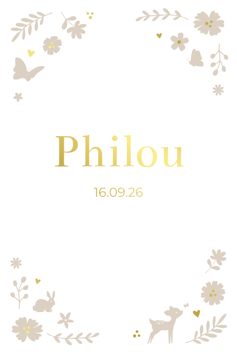 Geboortekaartje meisje neutraal, bloemen, dieren goudfolie