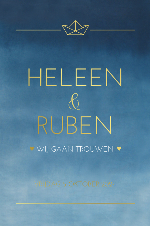 Trouwkaart watercolour donkerblauw met goudfolie