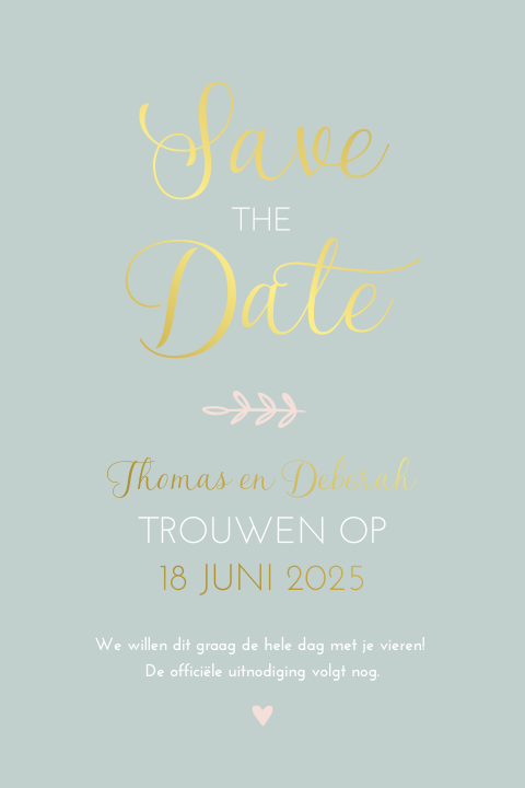Save the Date kaart mint met takje en goudfolie