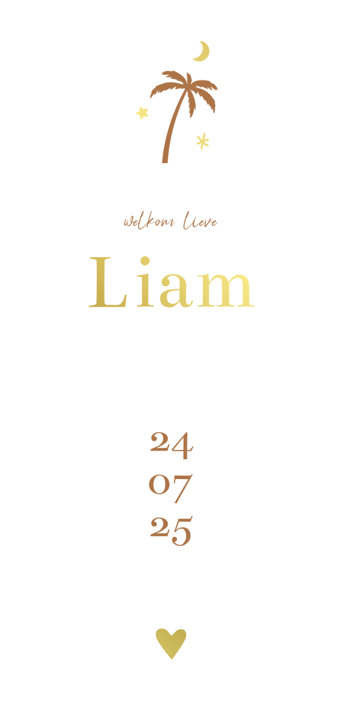 Geboortekaartje neutraal tropisch roestbruin palmboom goudfolie