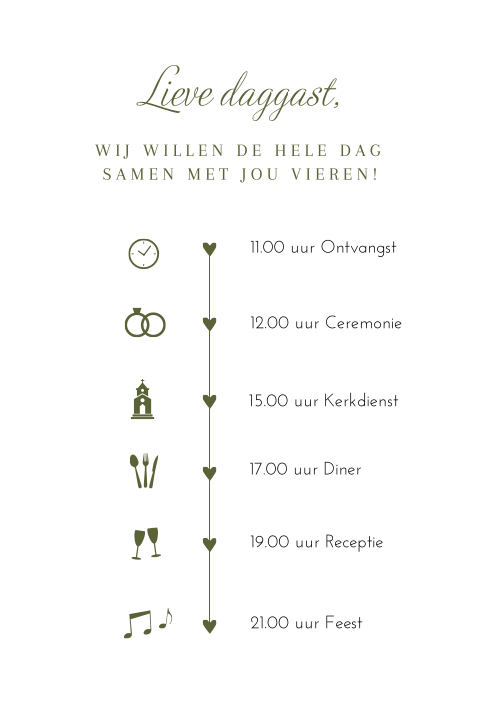 Trouwkaart dagprogramma olijfgroen