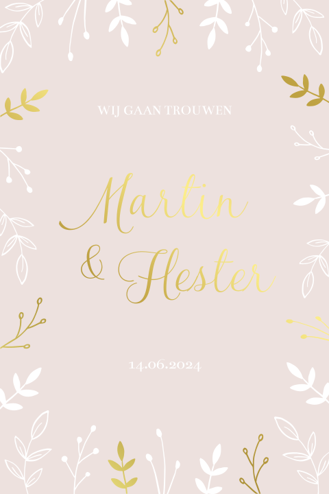 Trouwkaart botanisch roze met takjes goudfolie