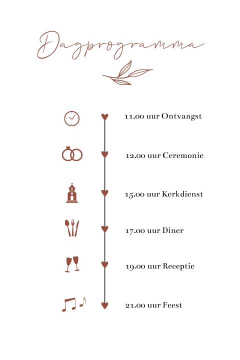 Dagprogramma trouwkaart romantisch tijdlijn rood