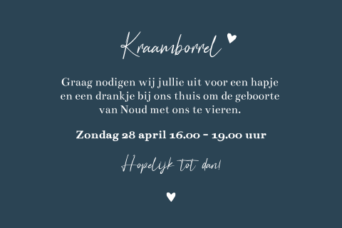Kraamfeest uitnodiging kraamborrel Noud blauw hartjes