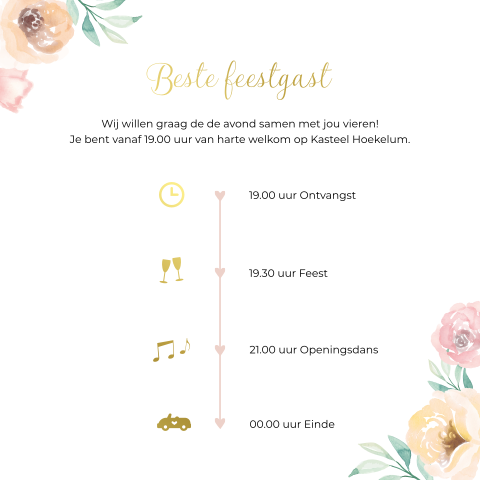 Trouwkaart pocketfold inlegkaart feestgast bloemen goudfolie