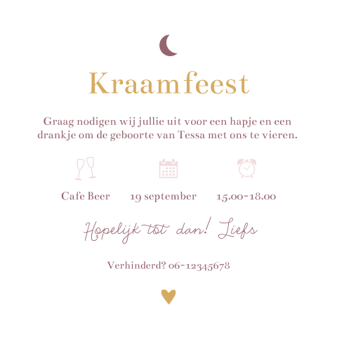 Kraamfeest uitnodiging Tessa wit rood maan
