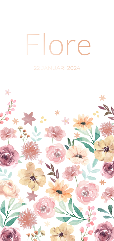 Geboortekaartje meisje met romantische bloemen en rosefolie