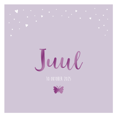 Geboortekaartje meisje lila paars hartjes vlinder hoogglans