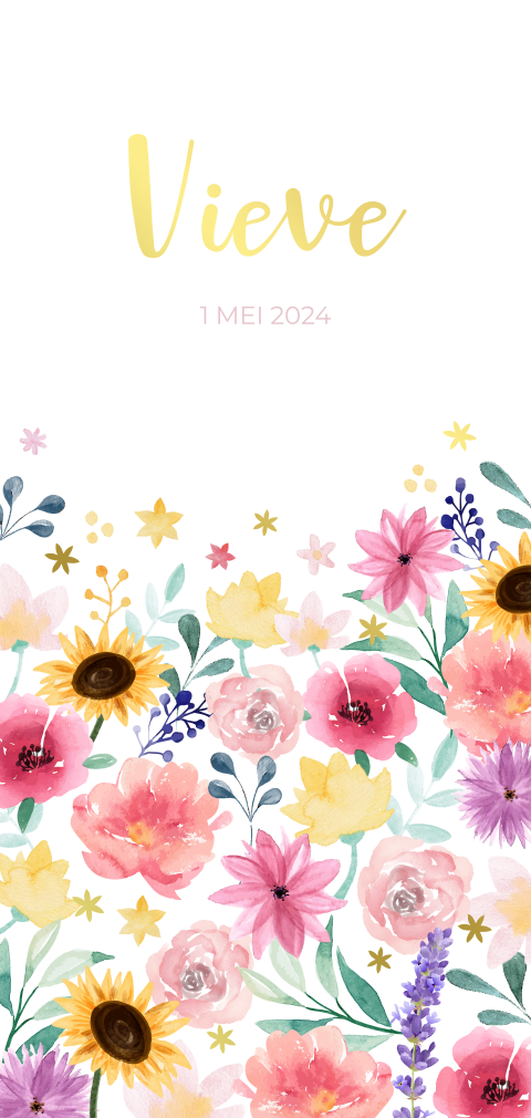 Geboortekaartje meisje - vrolijke bloemen en goudfolie tekst