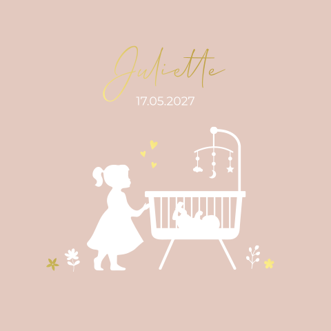 Geboortekaartje meisje wieg zusje goudfolie