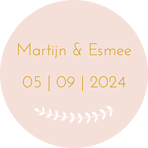 Sluitsticker trouwkaart Martijn & Esmee zachtroze trouwdatum takje
