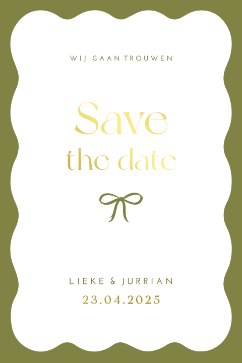 Save the date golf groen strikje goudfolie