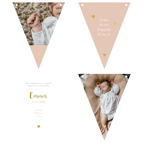 Geboortekaartje vlaggetjes meisje oudroze met foto's en goudfolie
