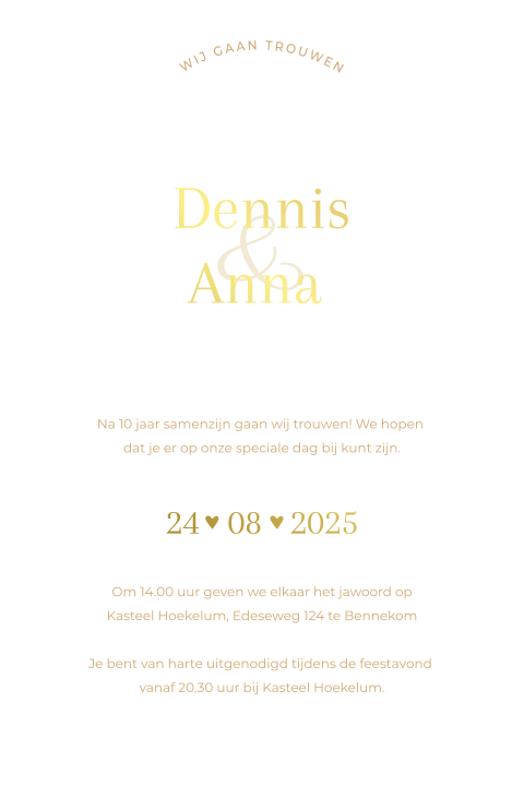 Trouwkaart feestgasten boogvorm goudfolie Classic Love